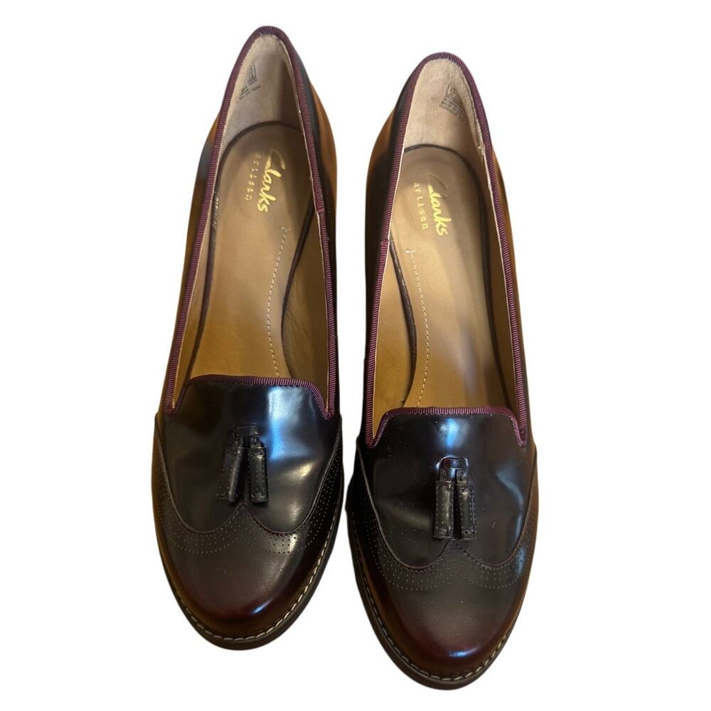 Clarks Burgundy Leather Tassel Loafer Heels – Academic / Preppy Size 8 - Picture 5 of 8